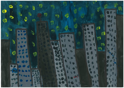 Tall biuildings in a monochromatic landscape painting. Yewllow spots represent the stars and lights.