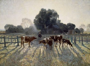 Early morning scene of several cows in a fenced paddock, a farmer, a farm house and trees behind; they create long shadows on the frosty grass.