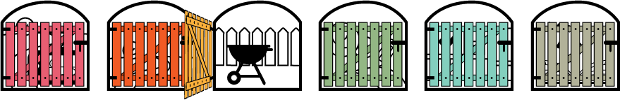 Six gates with the third one open showing a BBQ and a fenceline