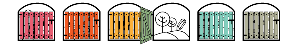 Six gates with the fourth one open showing a pencil drawing a landscape