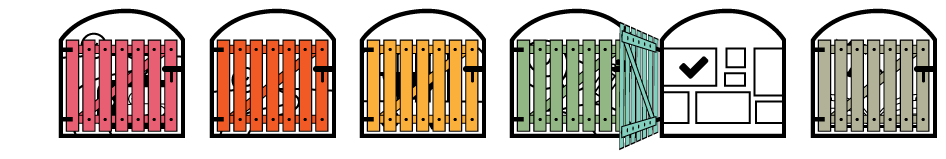 Six gates with the fifth one open representing a gallery of images