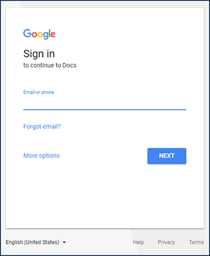 The Google Sign in window. Enter your school email address.