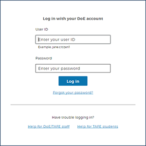 The Department of Education log in window. Enter your school username and password.
