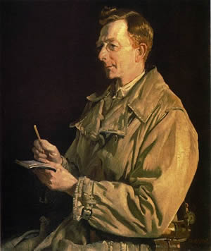 Portrait of Charles Bean in army uniform with notepad and pencil in hand.