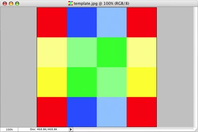 Step 2 image: the template (4 x 4 coloured squares in red, blue, yellow and green