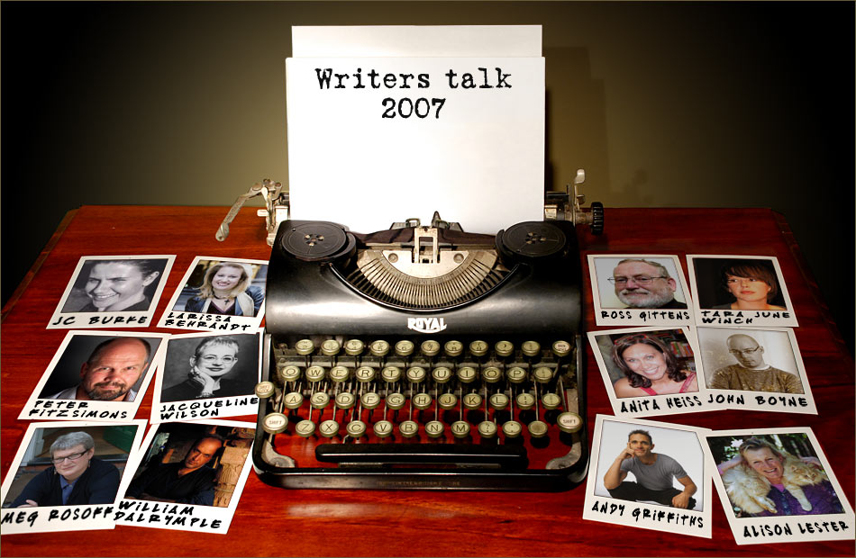 typewriter and photos of the 12 authors featured in Writers Talk