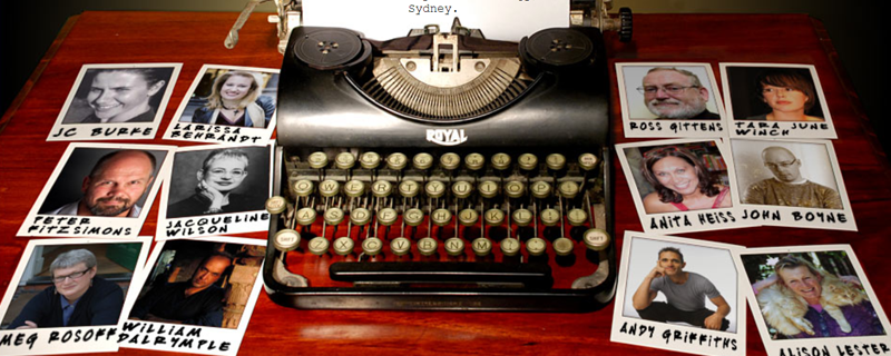 Various authors polaroid portraits arranged around an old-fashioned typewriter.