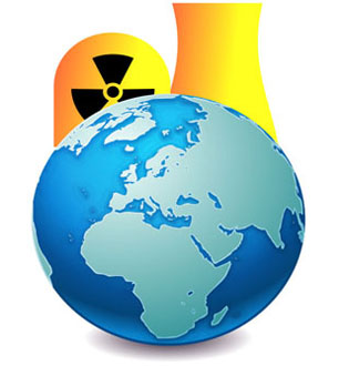 Image of the world in front of a symbol for a nuclear power station