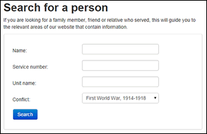 Image of search window on the Australian War Memorial website