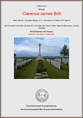 Commonwealth War Graves Commission memorial certificate for Clarence James Brill