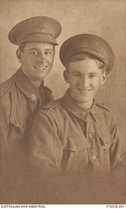 Studio portrait of cousins Sapper (Spr) 6293 Vivian Edward Hook and Spr 6273 George William Edward Hook, both of the 1st Field Company Engineers.