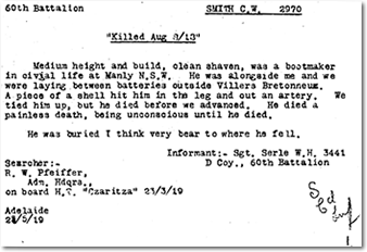 Excerpt from Australian red Cross Wounded and Missing Enquiry Bureau files of Private Charles William Smith.