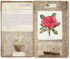 thumbnail of Philip Ernest Owen scrapbook and war diary showing a waratah and a photogaph of a navy ship.