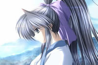 Anime thumbnail: a female cartoon character with large eyes and massive ponytail tied up with a large purple ribbon