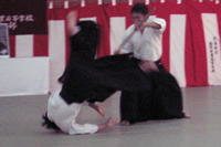 Aikidou thumbnail: A man holding a pole sends his competitor tumbling; both are wearing white shirts and wide black trousers
