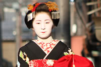 Geisha/naiko thumbnail: a young woman with a very pale face wearing a kimino and ornate headpiece.