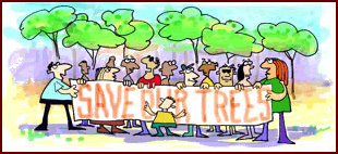 People with save the trees banner