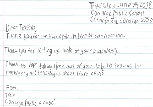 A letter from a student thanking Telstra for their new internet fibre connection!