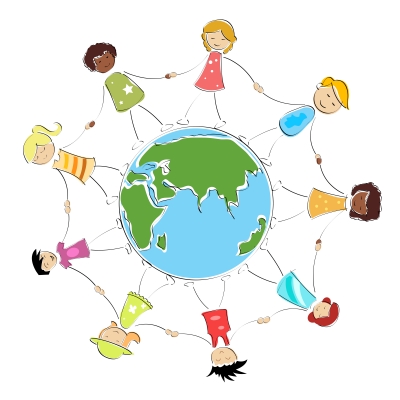 Nine young people representing different cultures hold hands around a globe of the world. The world of work is made up of people from different cultures and we are connected globally.