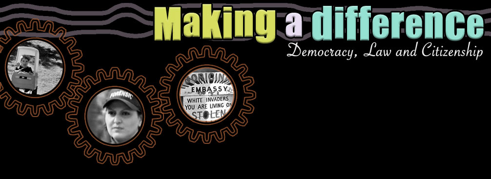 Making a difference - Democracy, Law and Citizenship. The background design features 3 cogs representing 3 levels of government.