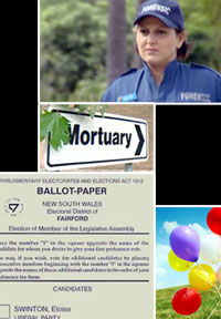 Images from case study, a mortuary story, ballot paper, balloons