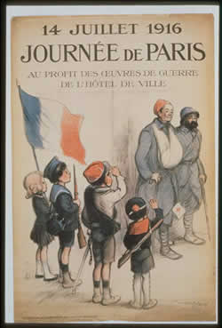 Poster showing two injured soldiers and four children saluting, waving and one holding a French flag. Text, written in French, includes '14 Juillet 1916, Journée de Paris'