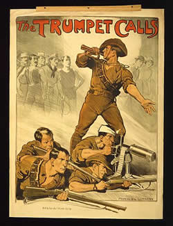 Poster with the words 'The Trumpet Calls' at the top, a man looking back as he sounds the trumpet and other men lying on the ground with rifles in hand; several people are drawn in grey in the background.