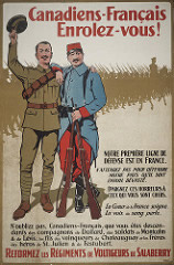 Poster showing two soldiers in front of marching soldiers; words in French include 'Canadiens-Français Enrolez-vous!'