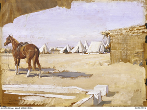 Looking out from a tent at a horse, other tents and a small building