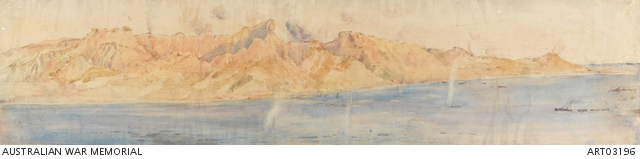 A painting showing hills in the background and water and many boats in the foreground