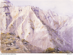 Painting of a large hill or mountain.
