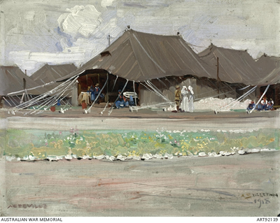 Painting showing tents with nurses and soldiers standing around