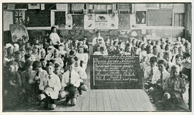 Classroom with students on bended knee at prayer.