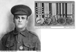 A soldier with a sad expression wearing military uniform (left); a row of medals with ribbons (right).