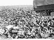 A truck is partly in view beside a huge mound of shell cases; in the background is a barren landscape.