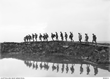 Sixteen Australian soldiers walk single file along a wooden boardwalk, their bodies silhouetted against the pale sky and reflected in the water below.