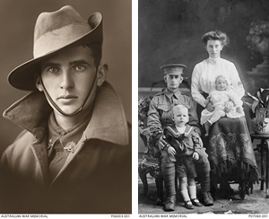 Left: Soldier in coat and wearing a slouch hat; Right: portrait photo of a solider, his wife and two children.