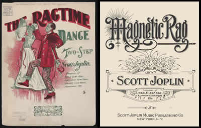 Two song sheet cover pages, one shows a couple dancing