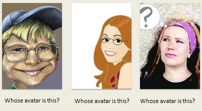 An image of a section of a powerpoint slide displaying three avatars with a section for the user to input the name of the avatar owner.
