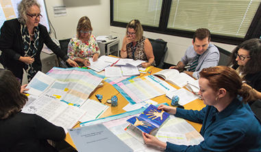 Photograph: teachers discuss the NSW Literacy continuum